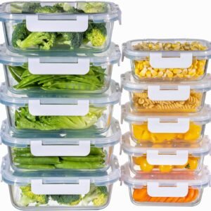 MFY Confezione da 10 contenitori in vetro con coperchio, contenitori per la preparazione dei pasti con coperchio ermetico, contenitori per il pranzo in vetro con coperchio, senza BPA, per microonde