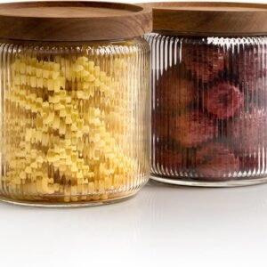 Mason & Fable Barattolo in Vetro a coste Barattolo Ermetico Impilabile con Coperchio in Legno, Contenitore per Biscotti, Impasto, Farina, Look di Fascia Alta per Cucina, Dispensa, Organizzazione Bar, 1,25 L