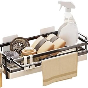Organizzatore per lavello da cucina Porta spugna da muro Lavello da cucina Bagno con porta strofinacci e ganci, Organizzatore da cucina Portaspezie da appendere senza foratura Portaspezie (Bianco)