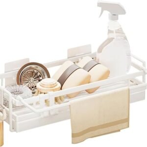 Organizzatore per lavello della cucina Porta spugna da muro per lavello della cucina Bagno con porta strofinacci e ganci, Organizzatore da cucina Portaspezie sospeso senza foratura Portaspezie (Noir)