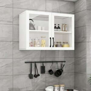 Pensile da Cucina in Legno massello Bianco Ante in Vetro,libreria in Vetro Trasparente Arredamento Soggiorno, Mobile portavino, portaspezie, Contenitore sopra Il WC(80 * 30cm/31.5 * 11.8in)