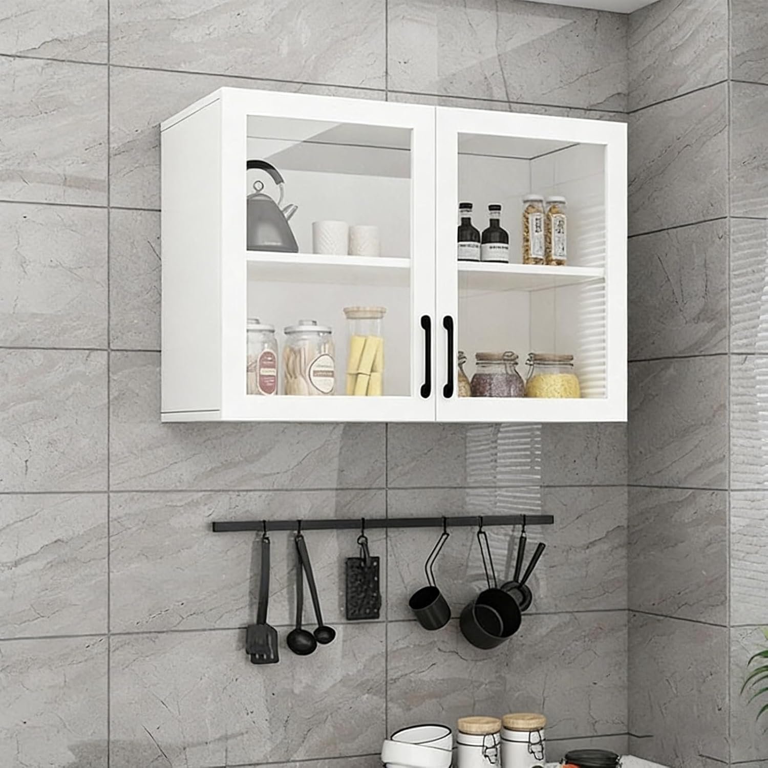 Pensile da Cucina in Legno massello Bianco Ante in Vetro,libreria in Vetro Trasparente Arredamento Soggiorno, Mobile portavino, portaspezie, Contenitore sopra Il WC(80 * 30cm/31.5 * 11.8in)