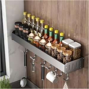Portaspezie Da Appendere, Mensola Da Cucina A Muro Senza Forare, Supporto Da Cucina Con Asta E Ganci, Mensola Da Cucina Sospesa Con Porta Strofinacci, Portaspezie Da Parete Porta Spezie(Grey B,50CM)