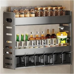 Portaspezie, Mensola da Cucina, Senza Foratura, Alluminio, 3 Livelli, Barattoli per Spezie, Mensola a Muro per Cucina, Bagno, Portaspezie da Balcone (40,5 cm)