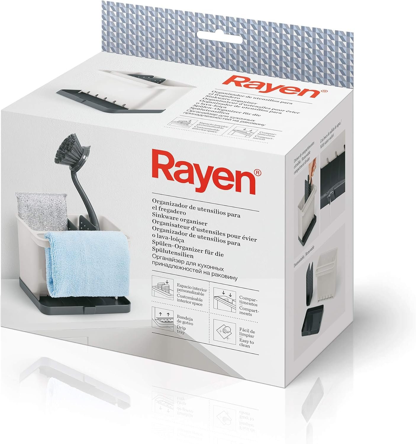 Rayen | Organizzatore di utensili per lavello | Spazio interno personalizzabile | Vassoio antigoccia | Facile da pulire, ABS, grigio chiaro e grigio scuro, dimensioni: 17 x 13,3 x 11,4 cm