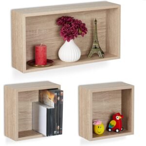 Relaxdays Mensole da Parete, Set 3 Mensole Sospese Cubo, Mensole in 2 Misure Libreria da Parete Design Moderno, Naturale