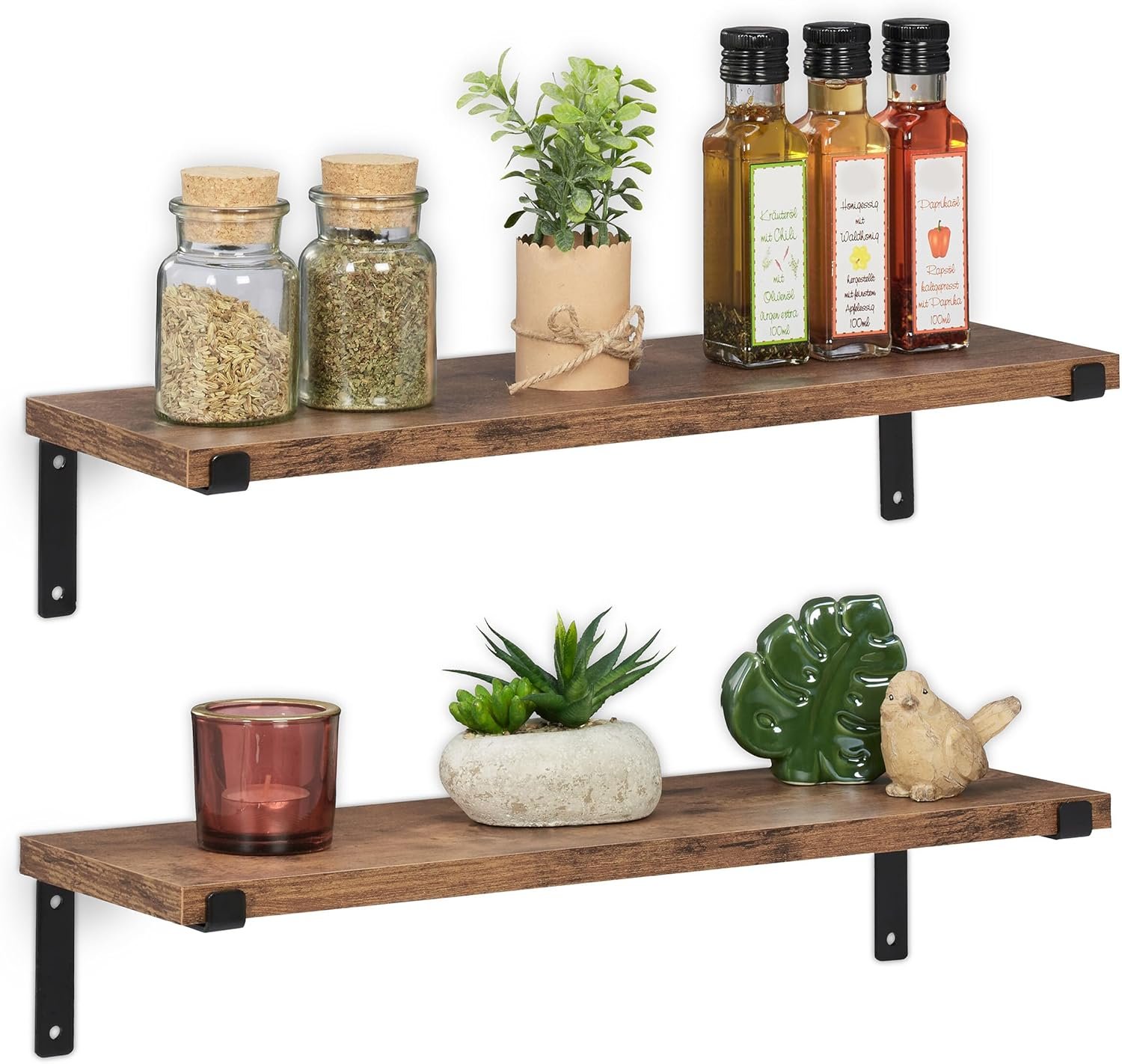 Relaxdays Mensole da Parete, Set di 2 Mensole Sospese, LxP: 48 x 15,5 cm, Scaffale, Libreria Design Industriale, Marrone Nero