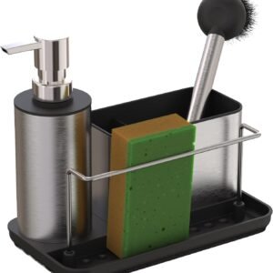 Relaxdays Organizer per lavello con dispenser e porta spugna, acciaio inox, 19 x 21 x 12 cm, set da cucina, argento
