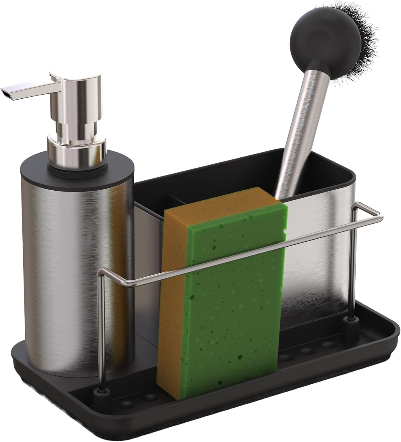 Relaxdays Organizer per lavello con dispenser e porta spugna, acciaio inox, 19 x 21 x 12 cm, set da cucina, argento