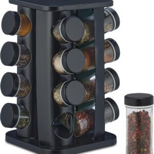 Relaxdays Portaspezie da Cucina, 16 Barattoli, Girevole a 360°, HLP: 27,5 x 20 x 20 cm, Acciaio Inox e Vetro, Nero