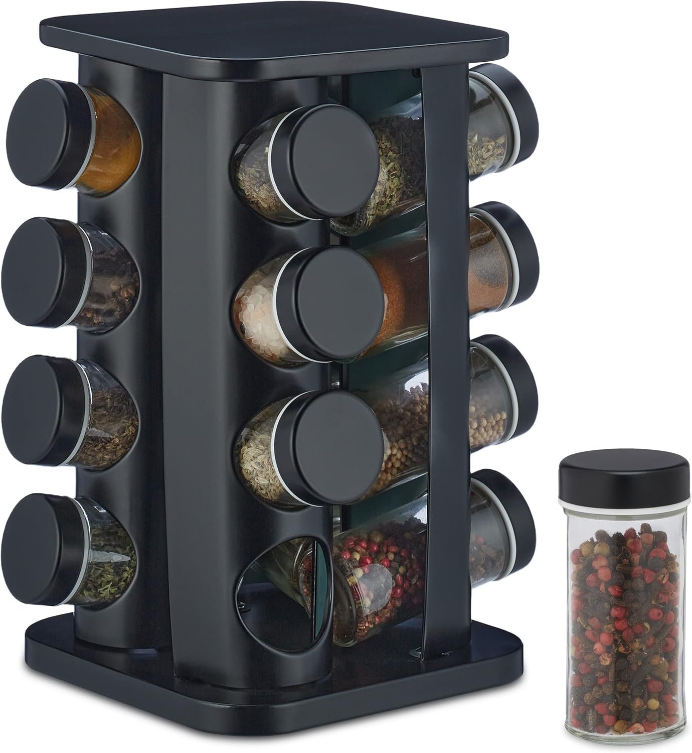 Relaxdays Portaspezie da Cucina, 16 Barattoli, Girevole a 360°, HLP: 27,5 x 20 x 20 cm, Acciaio Inox e Vetro, Nero