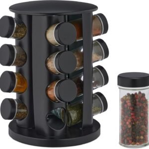 Relaxdays Portaspezie da Cucina, 16 Barattoli di Vetro, Girevole a 360°, Fori per Portaspezie, 27,5 x 19 cm, Acciaio Inox, Nero