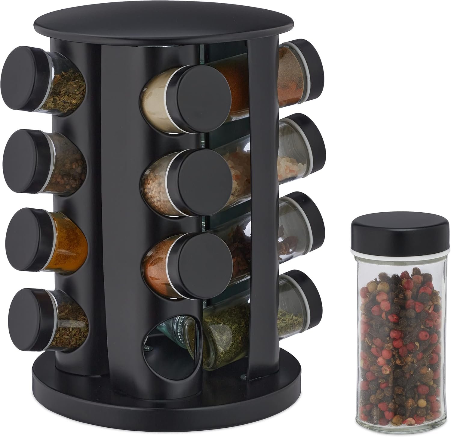 Relaxdays Portaspezie da Cucina, 16 Barattoli di Vetro, Girevole a 360°, Fori per Portaspezie, 27,5 x 19 cm, Acciaio Inox, Nero