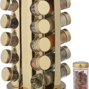 Relaxdays Portaspezie da Cucina con 20 Barattoli, Girevole a 360°, Riempibile, HLP: 33,5 x 23 x 23 cm, Acciaio Inossidabile, Oro