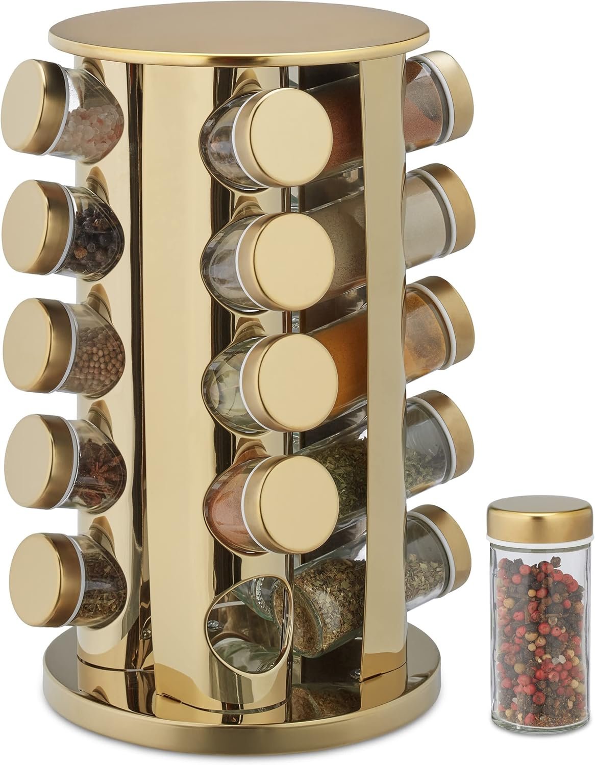 Relaxdays Portaspezie da Cucina con 20 Barattoli, Girevole a 360°, Riempibile, HLP: 33,5 x 23 x 23 cm, Acciaio Inossidabile, Oro