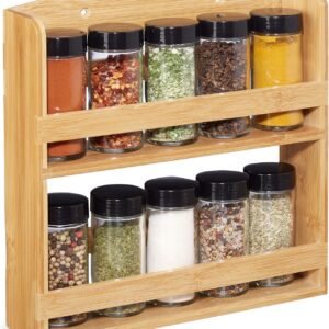 Relaxdays Portaspezie in Legno, 10 Barattoli di Vetro, Coperchio Forato e Chiusura a Vite, da Parete e da Tavolo, Bambù, Naturale