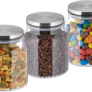 Relaxdays Set 3 Barattoli Alimentari, Coperchio in Acciaio Inox, Contenitori in Vetro 1100 ml, Argento Trasparente