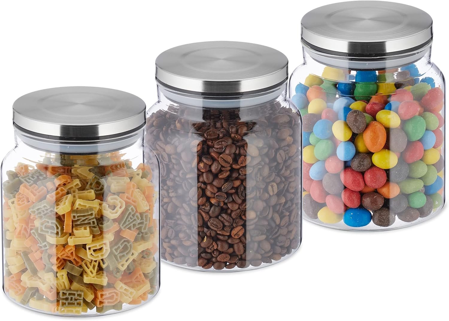 Relaxdays Set 3 Barattoli Alimentari, Coperchio in Acciaio Inox, Contenitori in Vetro 1100 ml, Argento Trasparente