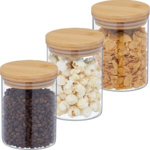 Relaxdays Set 3 Barattoli per Alimenti, Pasta, Riso, Müsli, Caffè, 650 ml, Chiusura Ermetica, Bambù, Vetro, Natura Trasparente