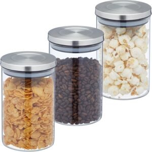 Relaxdays Set 3 Barattoli per Conservazione Alimenti in Vetro con Coperchio in Acciaio Inox, 800 ml, Argento Trasparente, Silicone