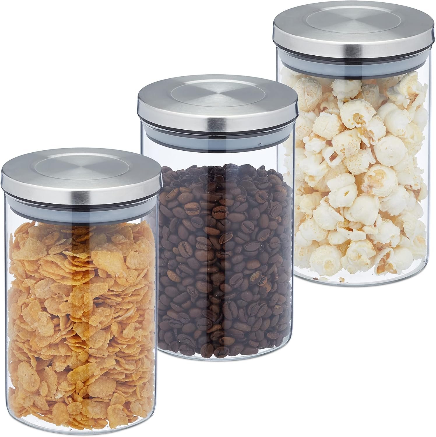 Relaxdays Set 3 Barattoli per Conservazione Alimenti in Vetro con Coperchio in Acciaio Inox, 800 ml, Argento Trasparente, Silicone