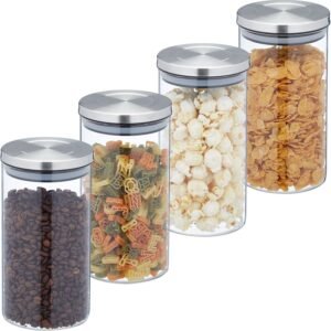 Relaxdays Set 4 Barattoli per Alimenti in Vetro con Coperchio in Acciaio Inox, 1000 ml, Argento Trasparente