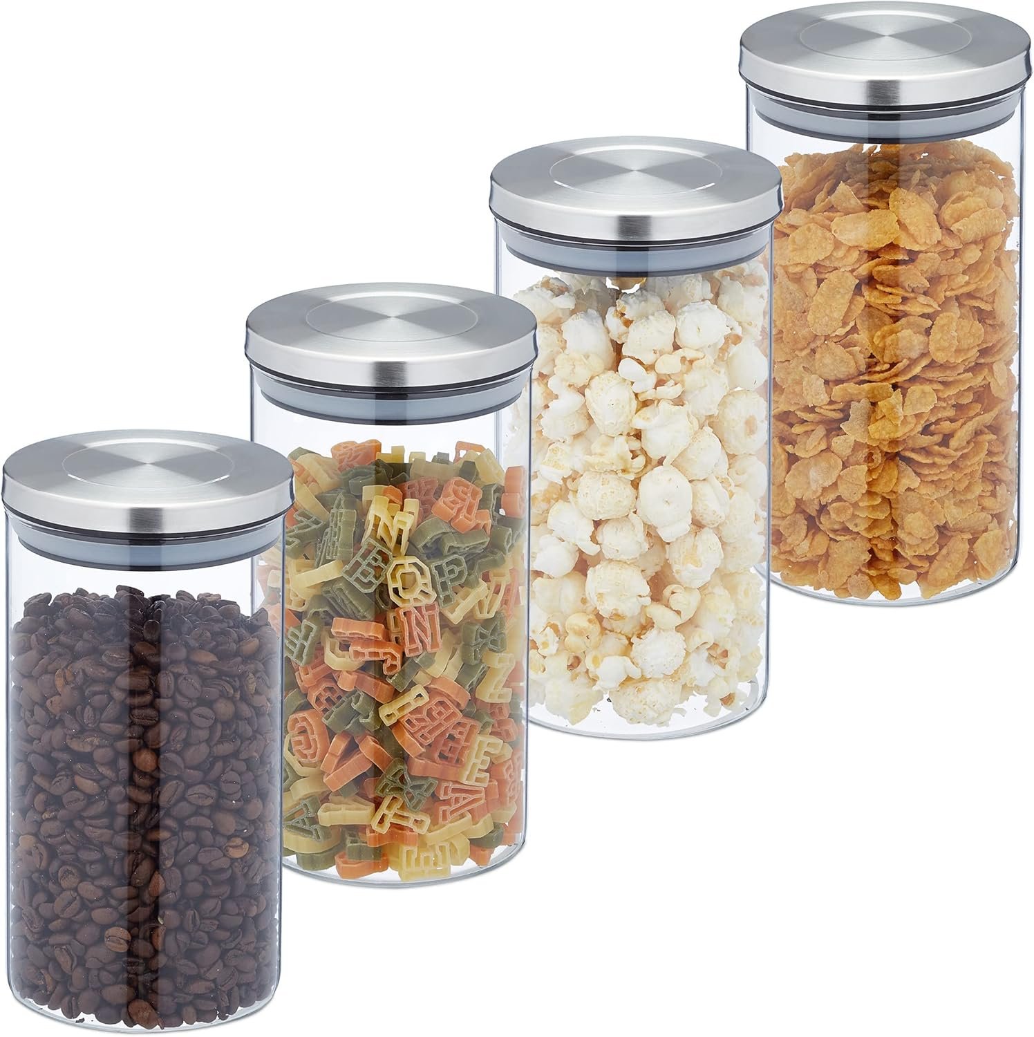 Relaxdays Set 4 Barattoli per Alimenti in Vetro con Coperchio in Acciaio Inox, 1000 ml, Argento Trasparente
