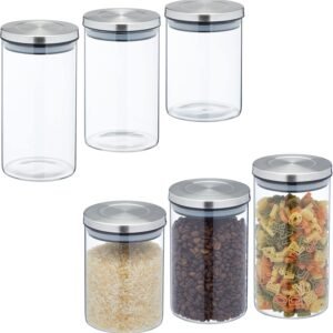 Relaxdays Set 6 Barattoli Alimentari, Contenitori in Vetro con Coperchio in Acciaio Inox, 3 Misure, Argento Trasparente