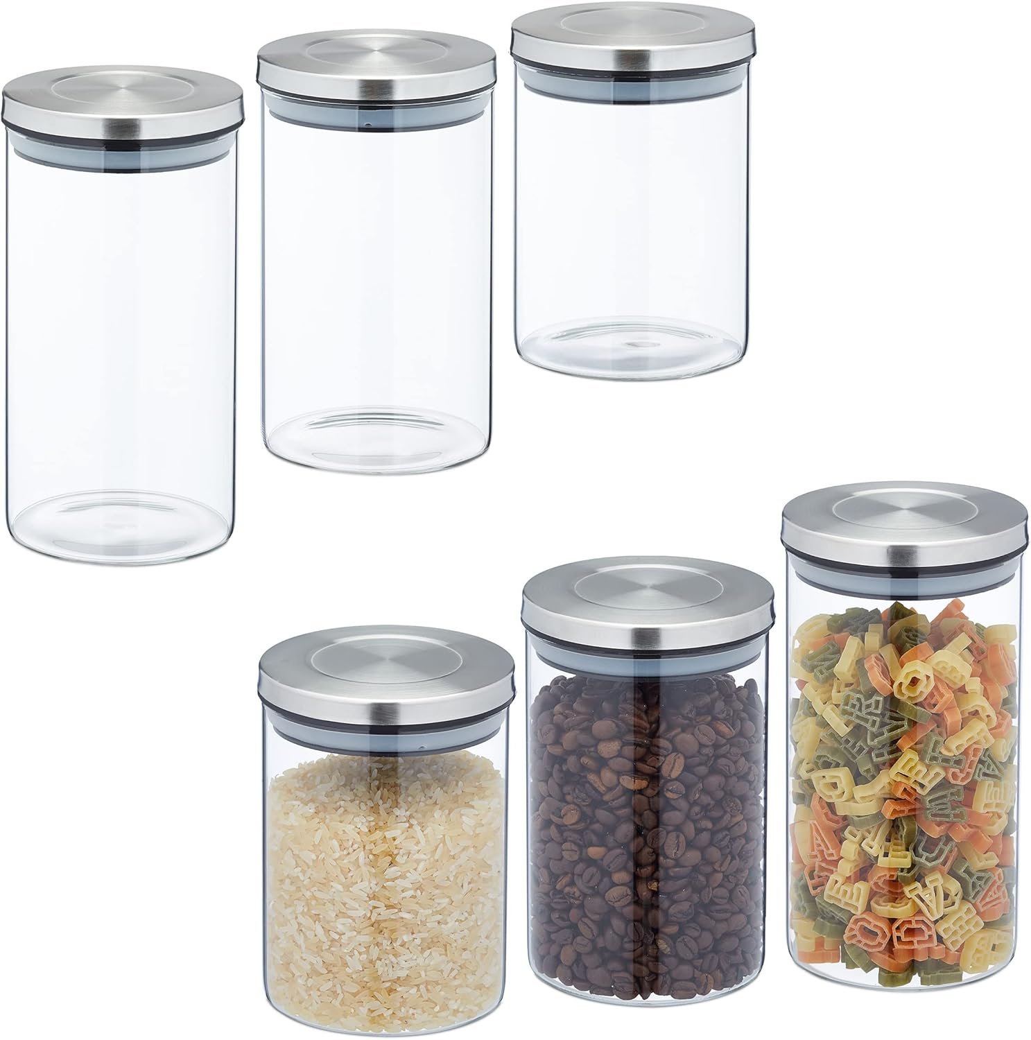 Relaxdays Set 6 Barattoli Alimentari, Contenitori in Vetro con Coperchio in Acciaio Inox, 3 Misure, Argento Trasparente