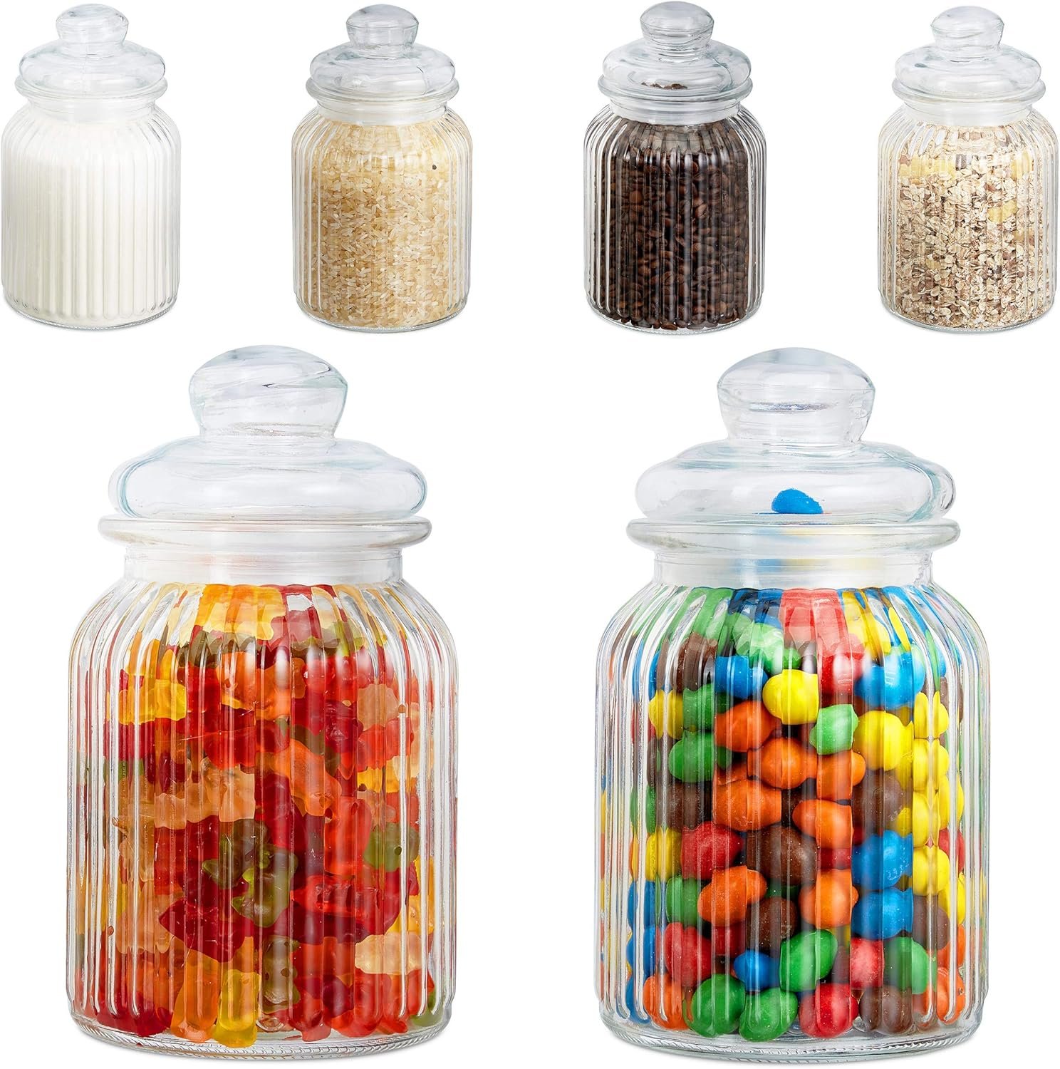Relaxdays Set 6 Barattoli Vetro Conservazione Alimenti 1000 ml Contenitori Ermetici per Pasta, Cereali, Farina, Trasparente