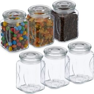 Relaxdays Set 6 Barattoli per Alimenti con Coperchio in Vetro, Contenitori da 750 ml per la Conservazione della Cucina, Trasparente