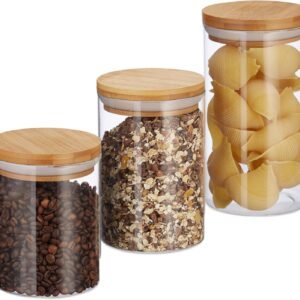 Relaxdays Set da 3 barattoli per conserve, 500, 700 e 1000 ml, per Pasta, Müsli, Caffè, D:9,5 cm, Bambù, Naturale