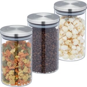 Relaxdays Set di 3 Barattoli per Alimenti in Vetro con Coperchio in Acciaio Inox, Volume 800 ml, Trasparente