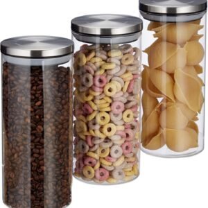 Relaxdays Tris Barattoli per Conserve, 1,3 L, Set da 3, Chiusura Ermetica, Coperchio in Acciaio Inox, Riso e Tè, Trasparente
