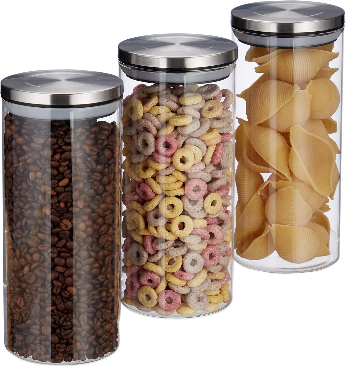 Relaxdays Tris Barattoli per Conserve, 1,3 L, Set da 3, Chiusura Ermetica, Coperchio in Acciaio Inox, Riso e Tè, Trasparente