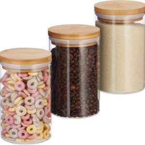Relaxdays Tris Barattoli per Conserve Set da 3 per Pasta, Riso, Müsli, Caffè, 800 ml, HxP 16 x 9,5, Bambù, Naturale