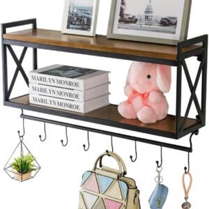 Ripiani a 2 livelli - Organizer da cucina in legno rustico con ganci rimovibili per organizzare gli utensili da cucina, multiuso come portaspezie o mensola del bagno