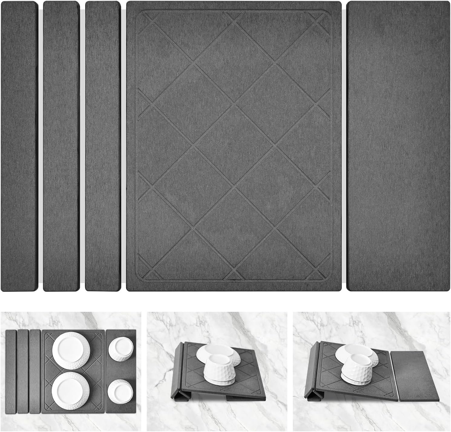 Scolapiatti 60 x 40 cm | Tappetino scolapiatti pieghevole in diatomite | Assorbe il 150% del proprio peso | 3 in 1 (pavimento/metà/supporto) | Asciugatura rapida