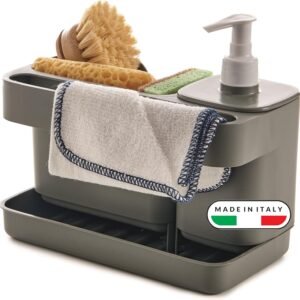 Snips Organizer per lavello cucina 3 in 1 con dispenser per piatti 400 ml con porta spugna e porta strofinacci, set salvaspazio 21 x 12 x 18 cm, Grigio, Made in Italy