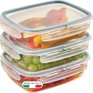 Snips - Set 3 Contenitori Alimenti 1,4 L Trasparente, Coperchio Fresh con 4 Chiusure di Sicurezza - Contenitore Alimenti 22,5 x 17,7 x 11 cm, Frigorifero, Microonde e Lavastoviglie Made in Italy