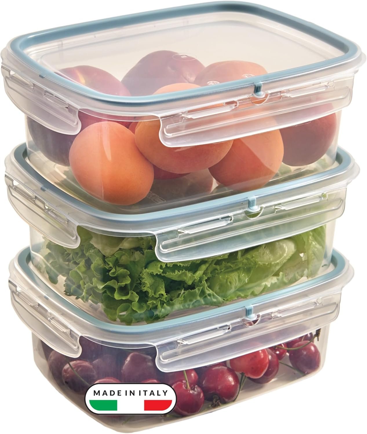 Snips - Set 3 Contenitori Alimenti 1,8 L Trasparenti, Coperchio Fresh con 4 Chiusure di Sicurezza - Contenitore Alimenti 22,5 x 17,7 x 13 cm, Frigorifero, Microonde, Lavastoviglie Made in Italy