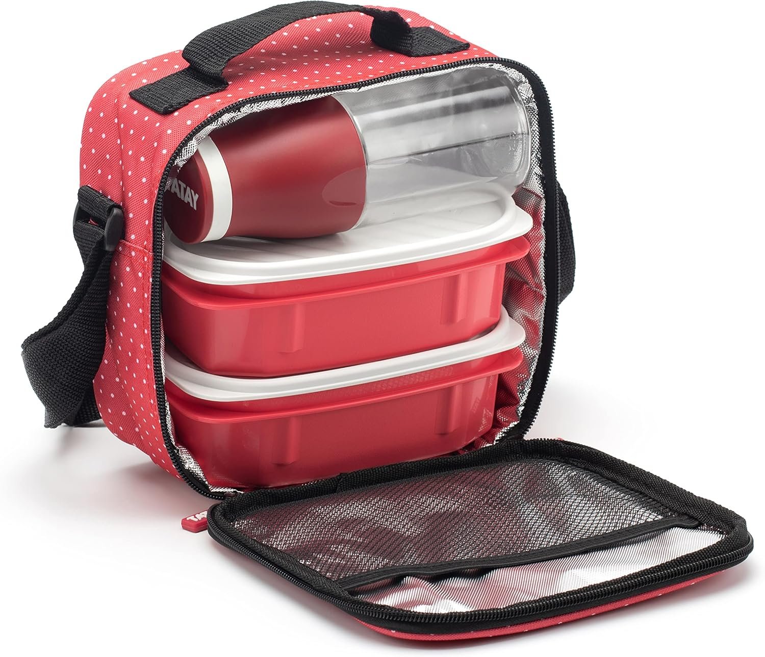 TATAY Urban Food & Drink Borsa per il pranzo termica impermeabile da 3 litri | 2 Contenitori 0,5 L + 1 Bottiglia 0,4 L | Triplo strato isolante, semirigido | Tasca interna | 22,5 x 10 x 22 cm, Punti Rossi