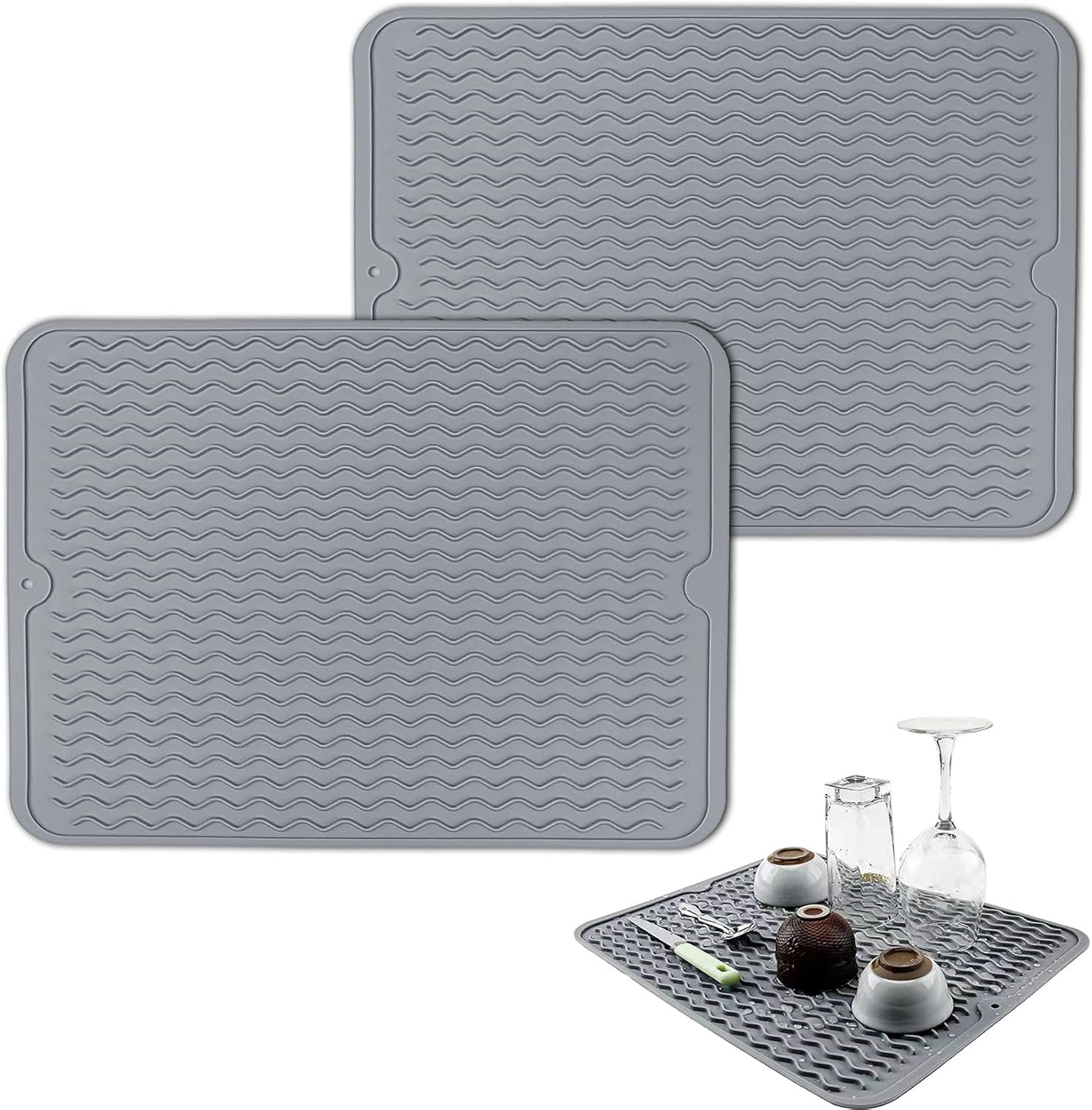 Tappetino scolapiatti in silicone da 2 pezzi, tappetino per lavello da cucina, tappetino scolapiatti per lavello, tappetino scolapiatti antiscivolo per tovaglietta per lavello, 40 x 30 cm (Grigio)