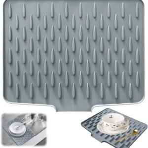 Tappetino scolapiatti in silicone grigio, tappetino scolapiatti da cucina 40 x 32,5 cm con beccuccio di scarico, tappetino pieghevole antiscivolo in silicone, resistente al calore per stoviglie, frutta, verdura