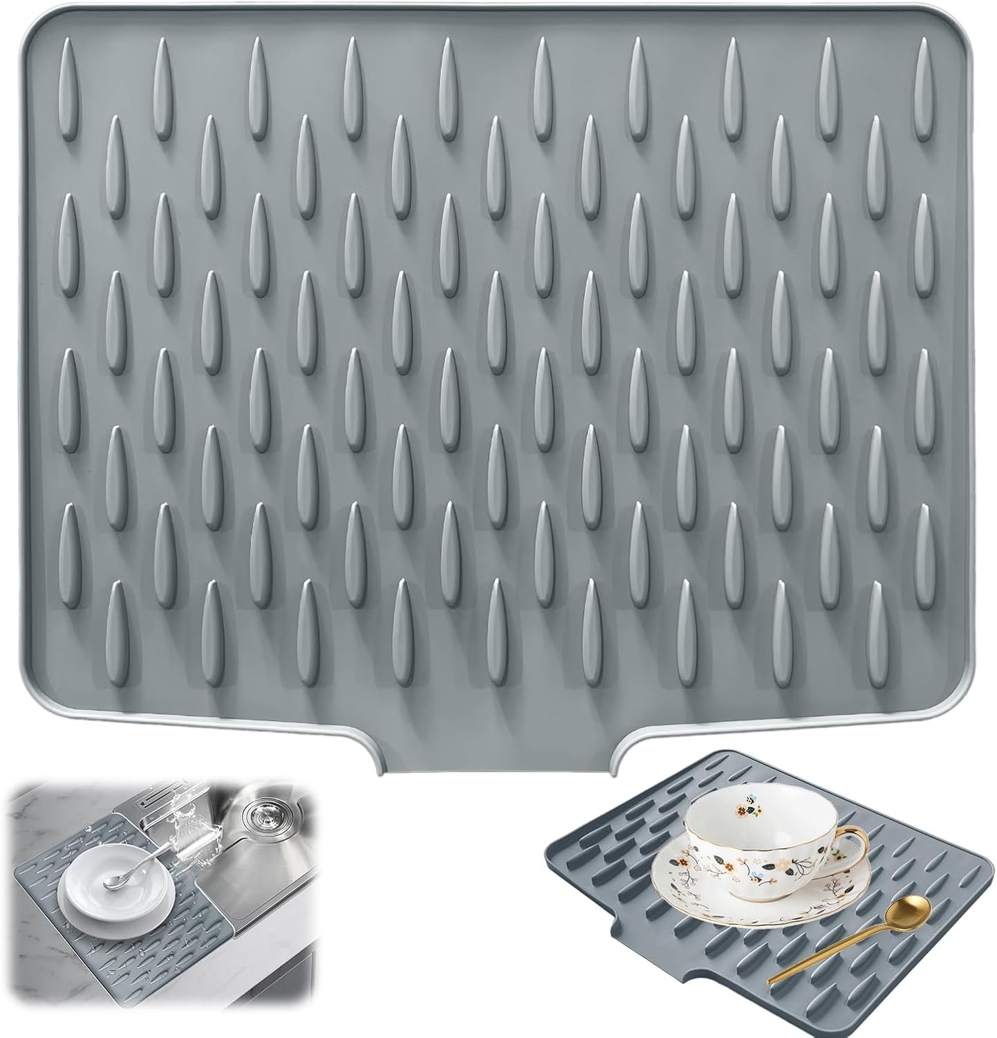 Tappetino scolapiatti in silicone grigio, tappetino scolapiatti da cucina 40 x 32,5 cm con beccuccio di scarico, tappetino pieghevole antiscivolo in silicone, resistente al calore per stoviglie, frutta, verdura