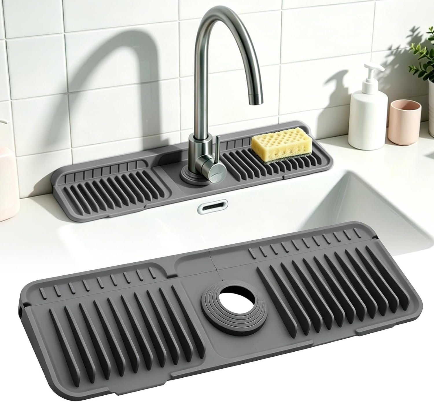 Tappetino scolapiatti in silicone, pieghevole a 90° e sottile, ritagliabile con design a scarico rapido, antiscivolo Splash Guard per cucina e bagno (Morandi-grigio scuro)