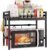 Expandable Microwave Shelf, 2 Tier Kitchen Space Saving Shelf, Carbon Steel Microwave Holder, Kitchen Storage Organizer with 8 Hooks, Black